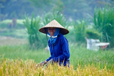 白天，身穿蓝色夹克、头戴棕色帽子的妇女站在绿油油的草地上